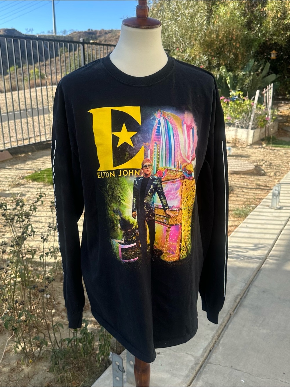 Elton John Black Long-Sleeve Graphic Tee with Yellow Logo